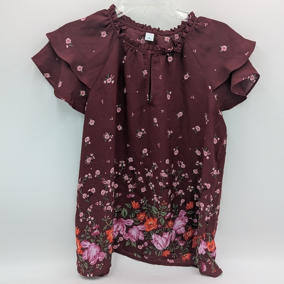 Old Navy Tops - Old Navy Floral Burgundy Blouse Medium Layered Short Sleeve Ruffle Neck Boho